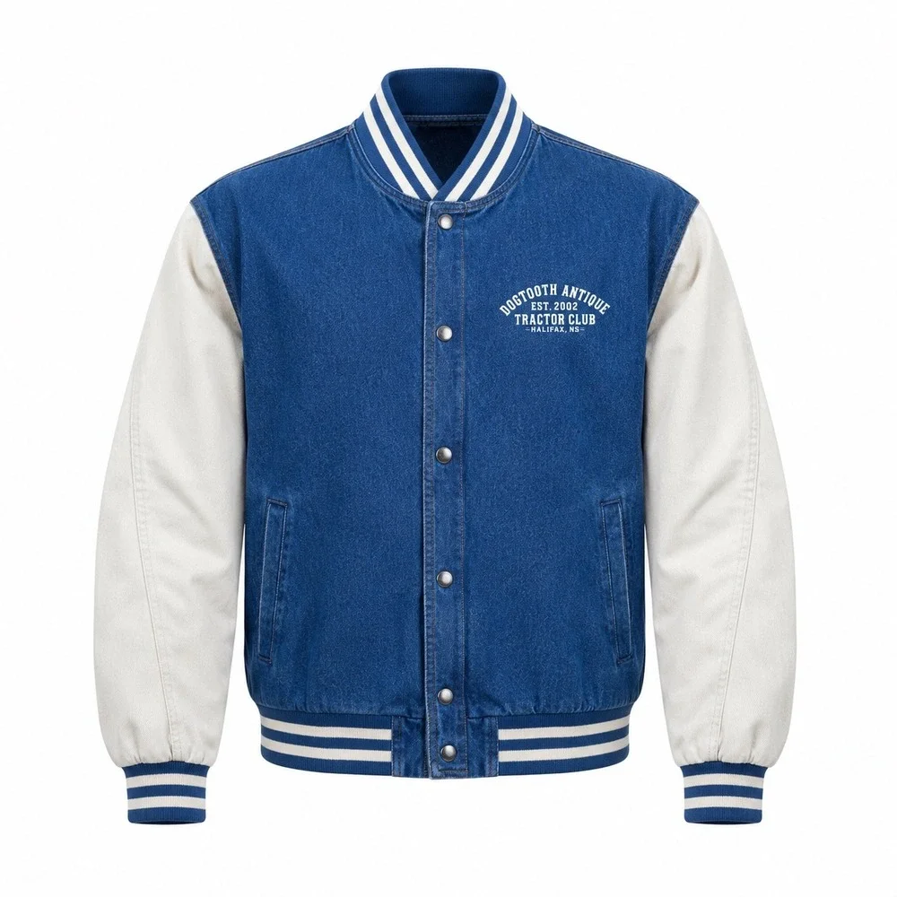 Tri-Mountain Denim Varsity Jacket mens Large Blue Dogtooth‎ Antique Tractor Club